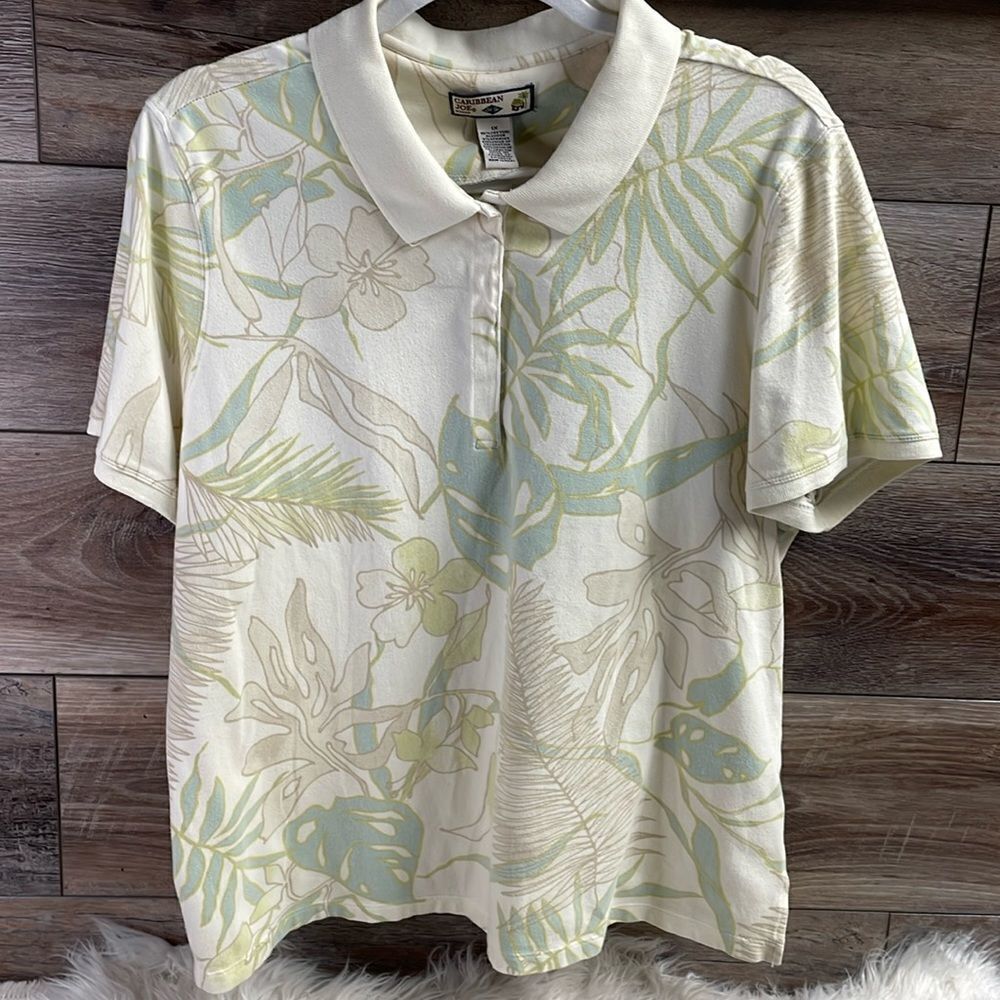 Caribbean Joe Woman Ladies Polo Type Shirt, Size 1X, Floral/Tropical